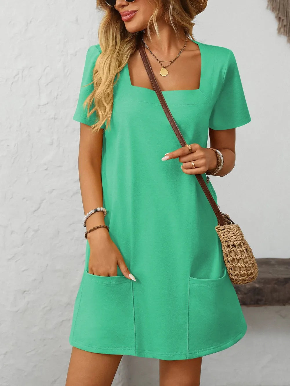 Square Neck Short Sleeve Mini Dress (25)