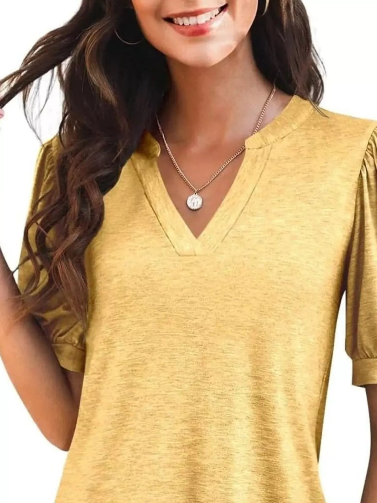 Puff Sleeve Notched Casual T-shirt (26)