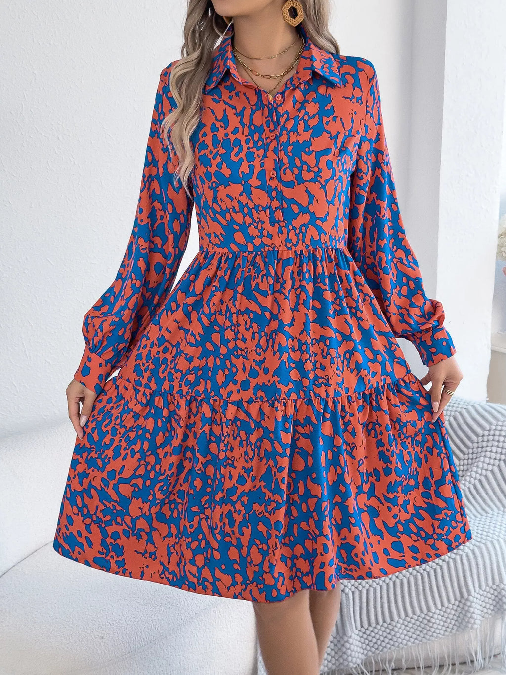 Printed Collared Neck Long Sleeve Dress (9)