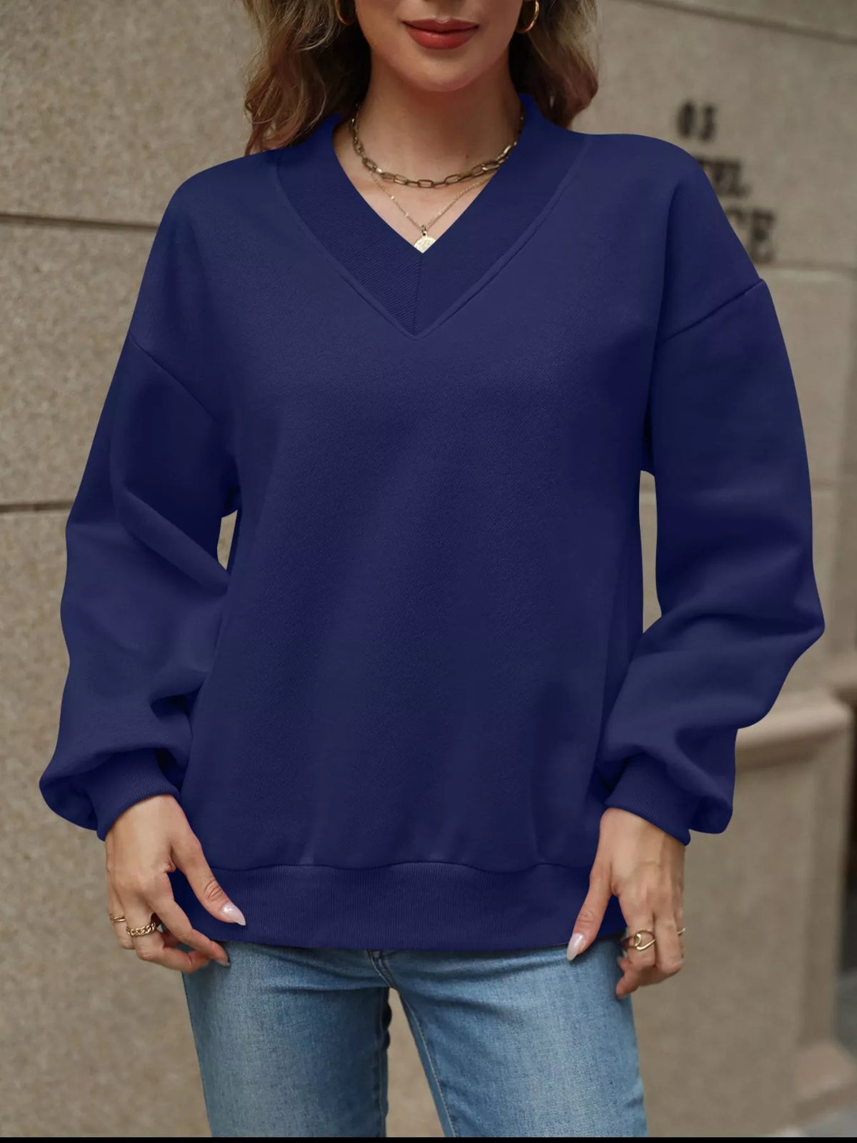 V-neck Solid Color Casual Sweatshirt (26)