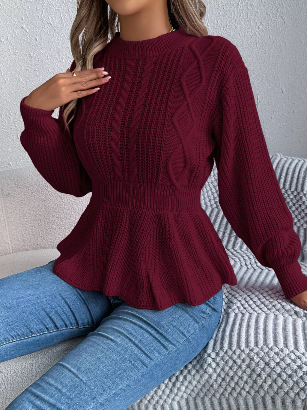 Cable Knit Round Neck Peplum Sweater (14)