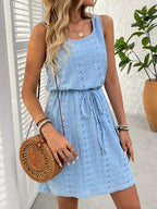 Eyelet Drawstring Round Neck Sleeveless Dress (3)
