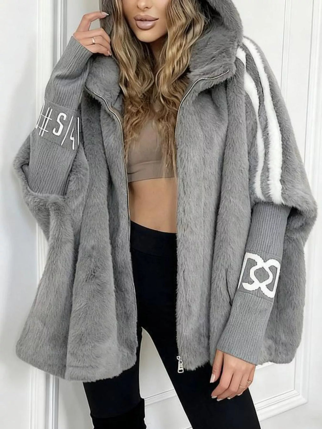 Hooded Faux Fur Striped Trim Outerwear (6)
