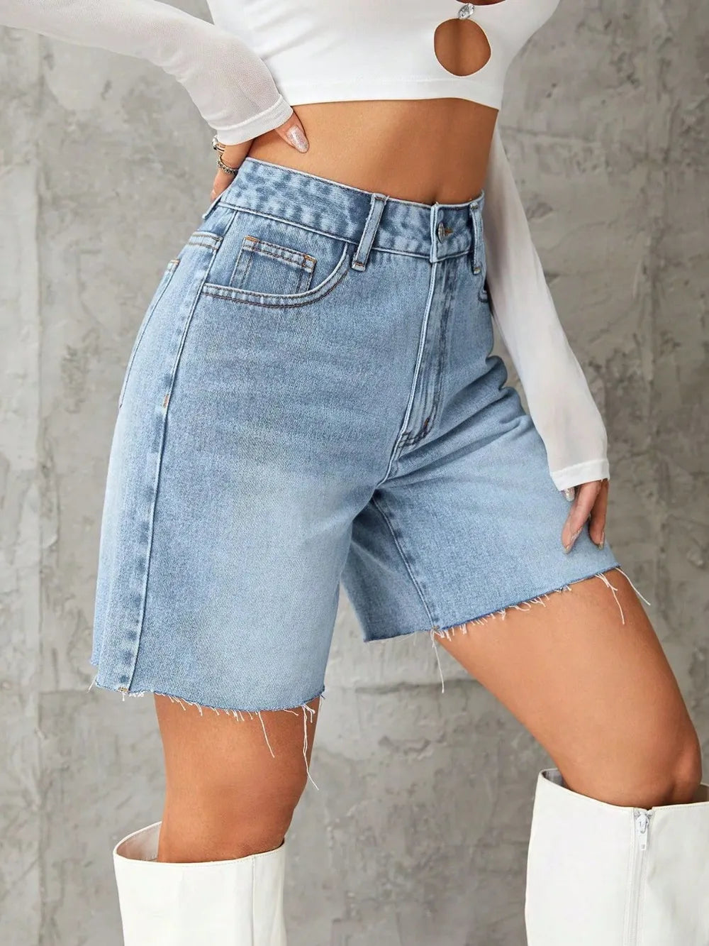Frayed Hem Denim Shorts (8)
