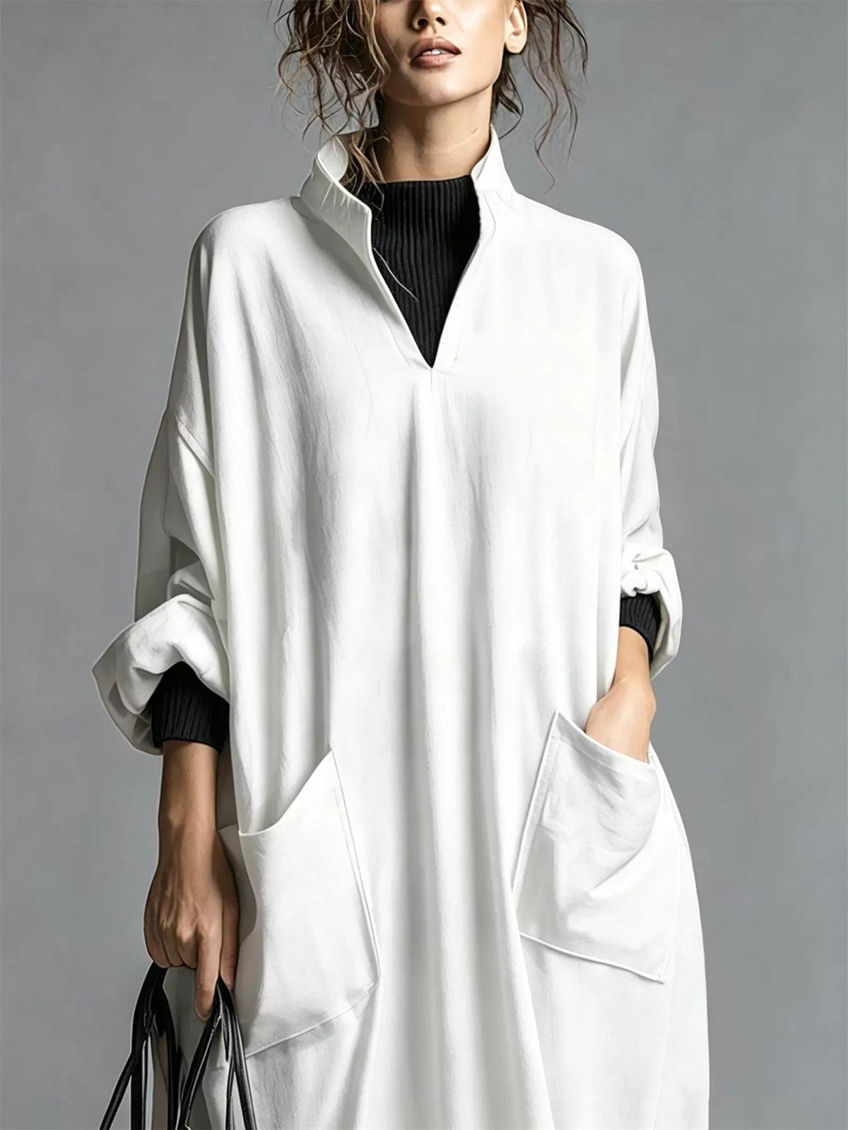Full Size Loose-fit Mock Neck Midi Dress Pockets Plus (10)