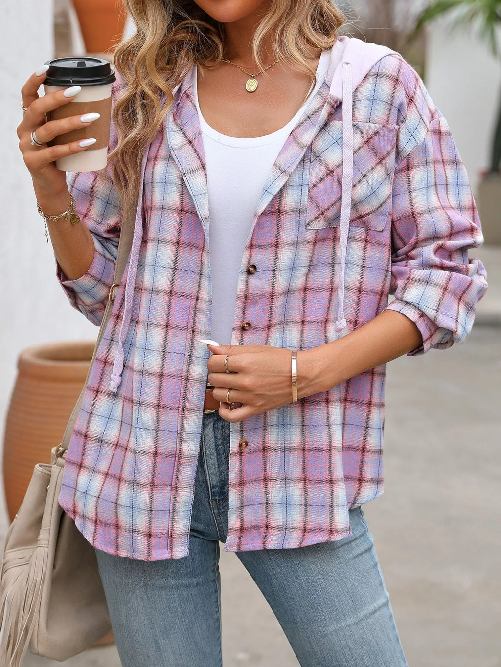 Plaid Button-up Hooded Shirt Chest Pocket (6)