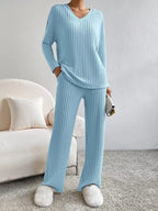Ribbed Knit V-neck Top Pants Set (14)