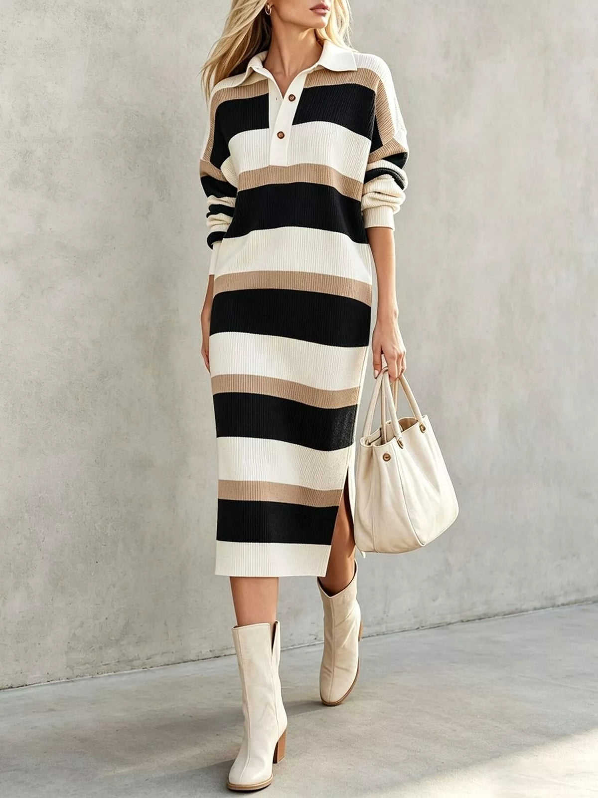 Striped Polo Collar Long Sleeve Sweater Dress (3)