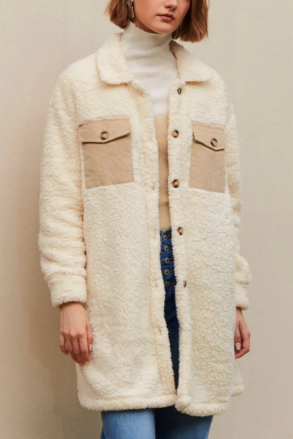 Collared Neck Long Sleeve Longline Teddy Jacket (3)