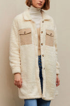 Collared Neck Long Sleeve Longline Teddy Jacket (3)
