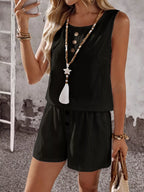 Decor Button Round Neck Tank Shorts Set (8)