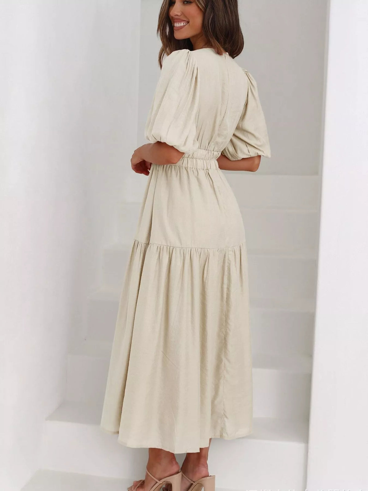V-neck Puff Sleeve Midi Dress (18)