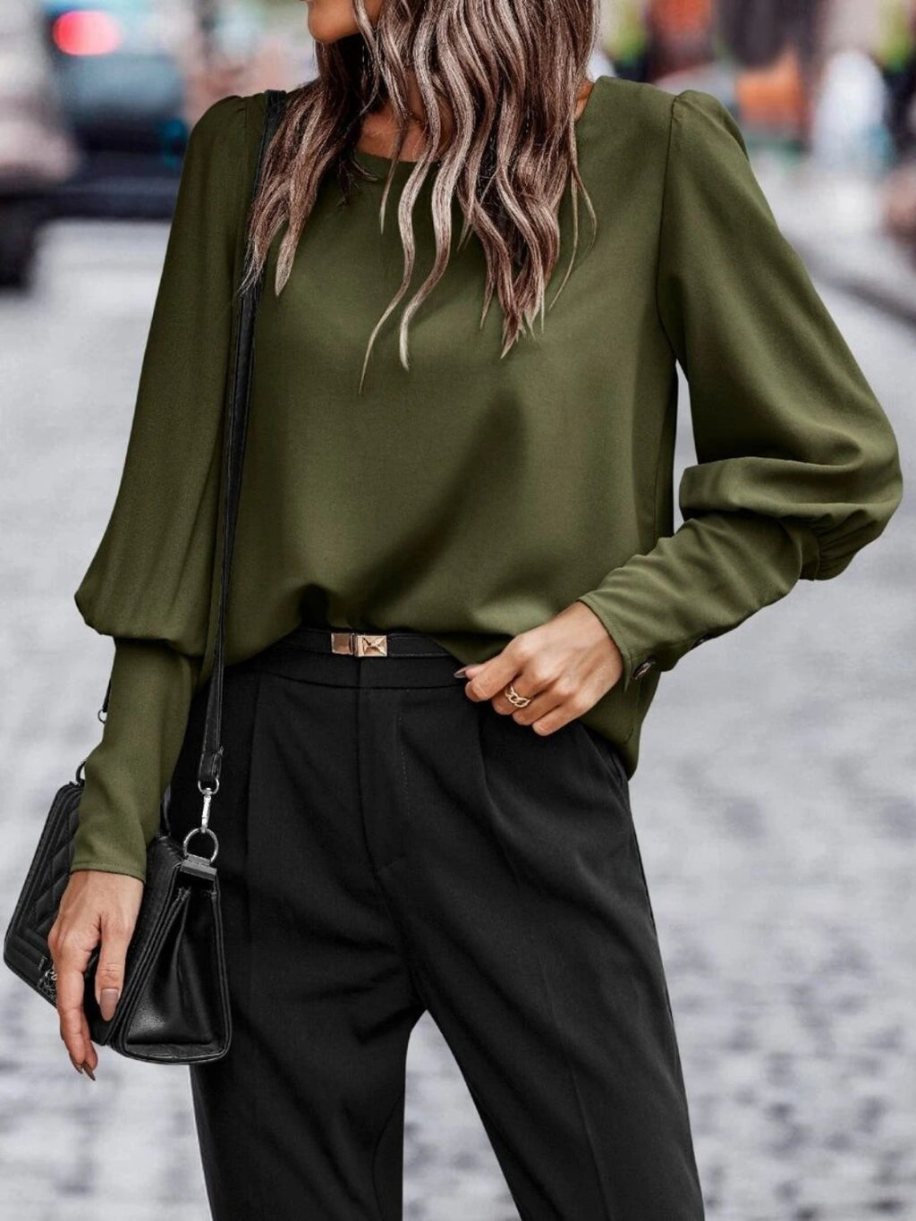 Round Neck Lantern Sleeve Blouse (3)