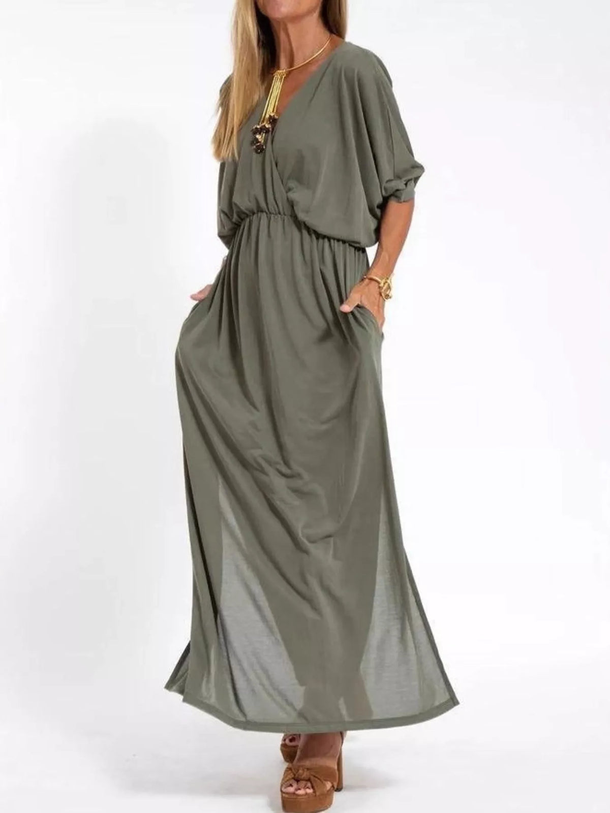 Full Size V-neck Batwing Sleeve Maxi Dress Side Slits Plus (5)