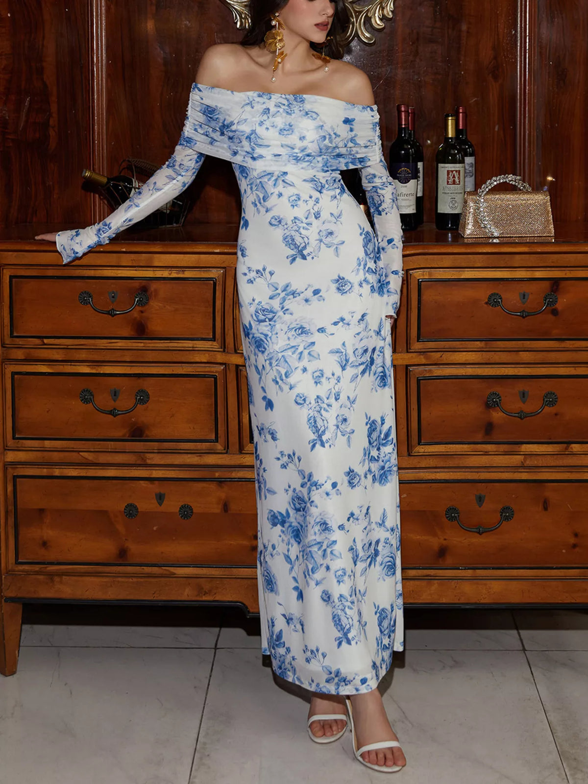 Off-shoulder Ruched Long Sleeve Maxi Dress (7)