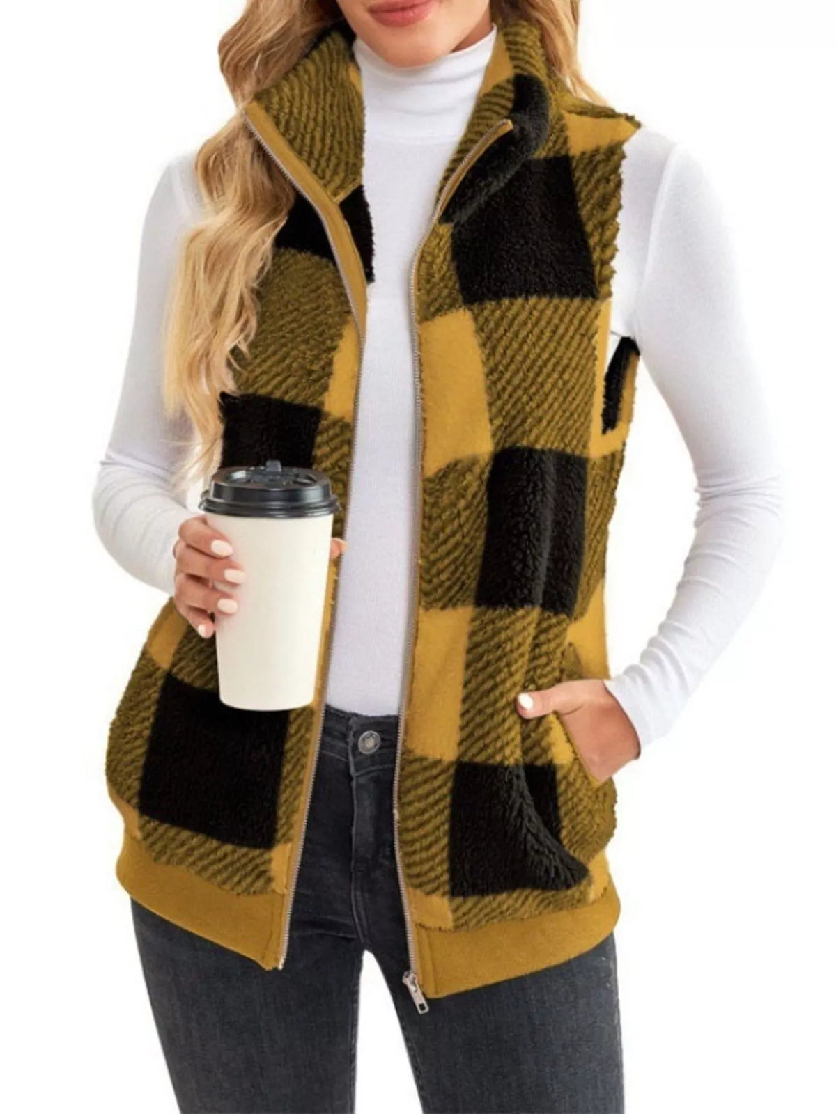 Full Size Block Zip Up Vest Coat Plus