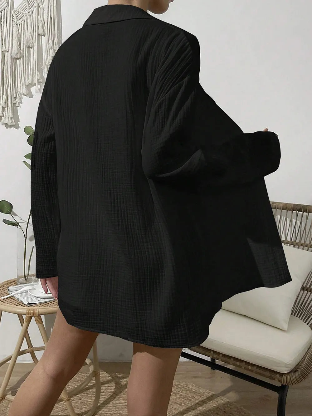 Dropped Shoulder Button Up Top Elastic Waist Shorts Set (2)