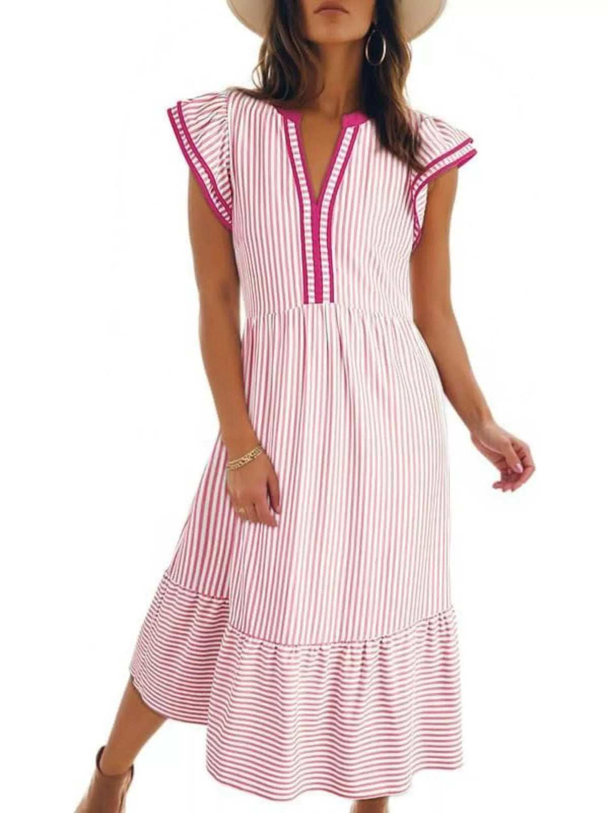 Striped Ruffle Sleeve Midi Dress (10)