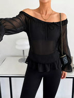 Off-shoulder Flounce Sleeve Chiffon Blouse (4)