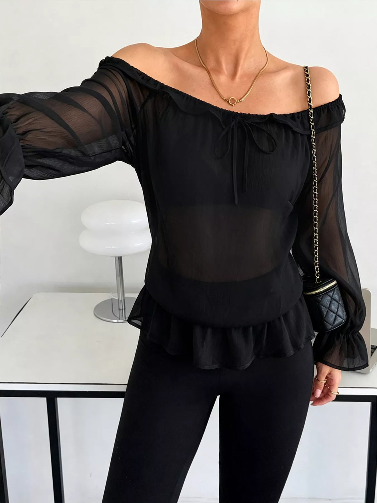 Off-shoulder Flounce Sleeve Chiffon Blouse (4)