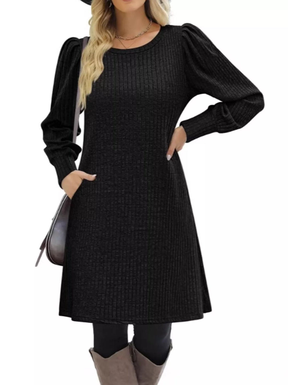 Puff Sleeve Ribbed Knit Dress Pockets (8)