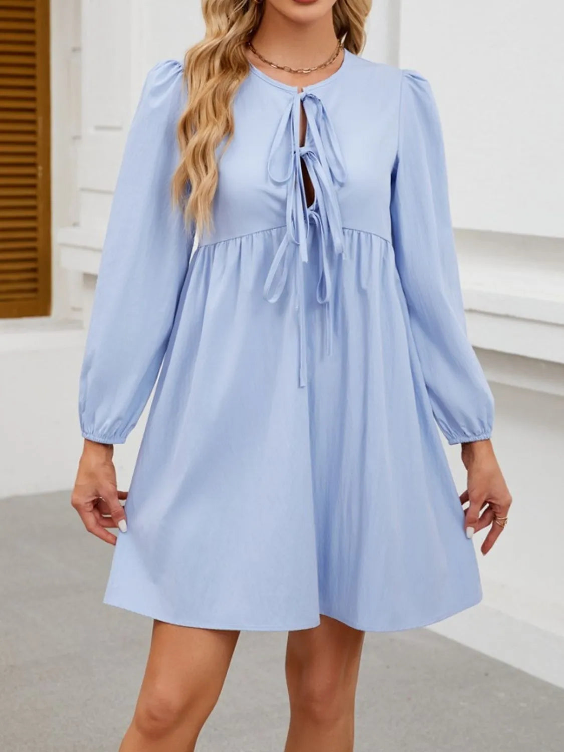 Tie Front Long Sleeve Mini Dress (3)