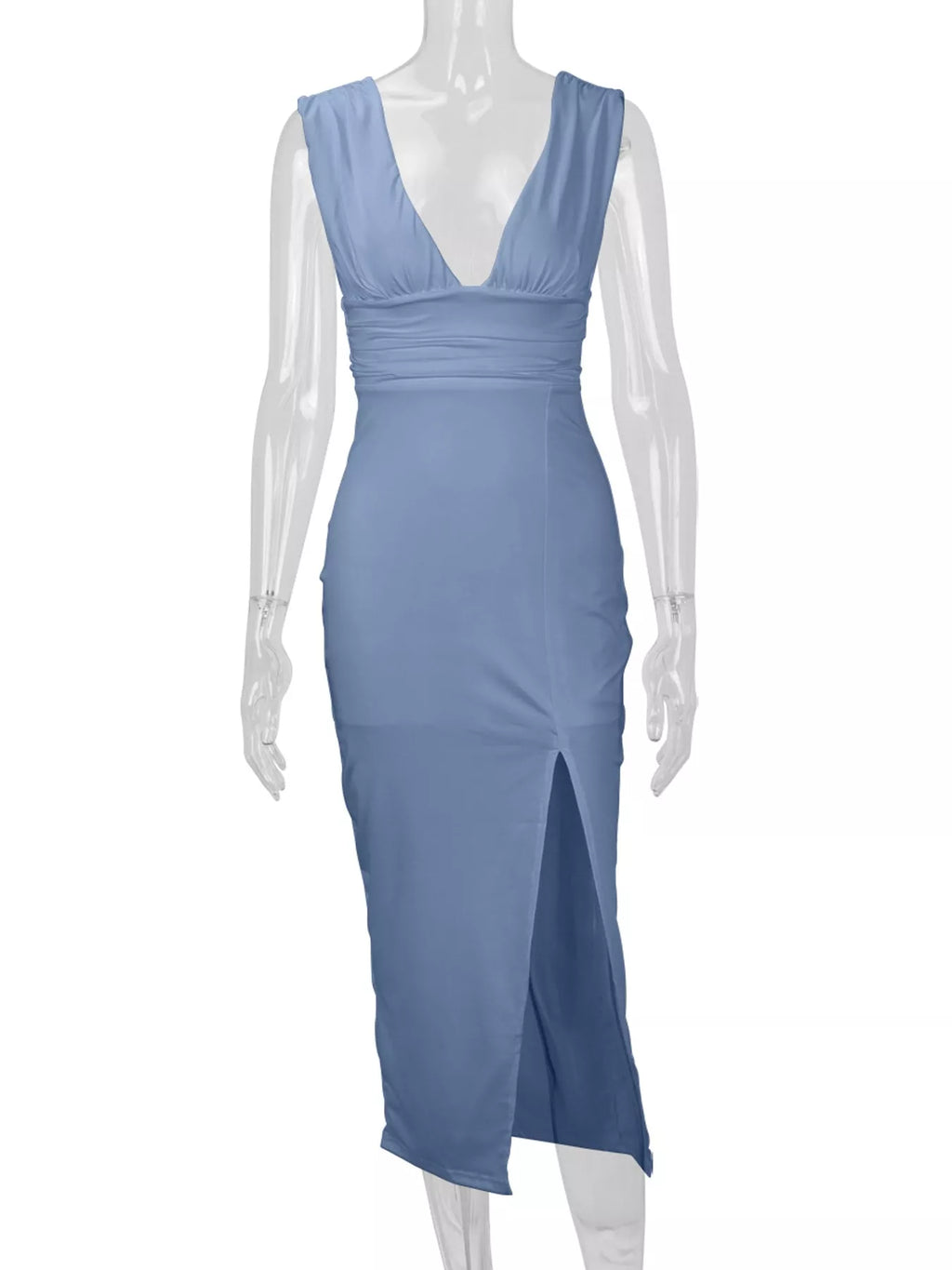 Sleeveless Deep V-neck Ruched High Slit Bodycon Dress (15)