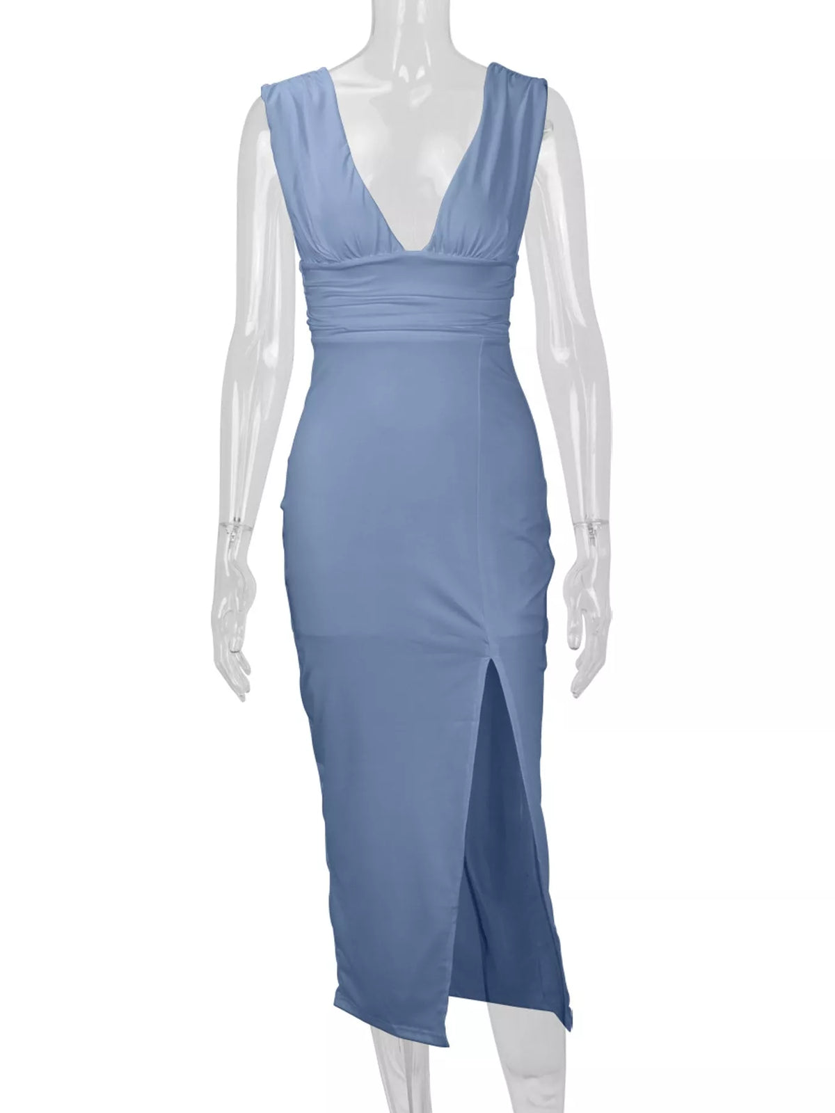 Sleeveless Deep V-neck Ruched High Slit Bodycon Dress (15)