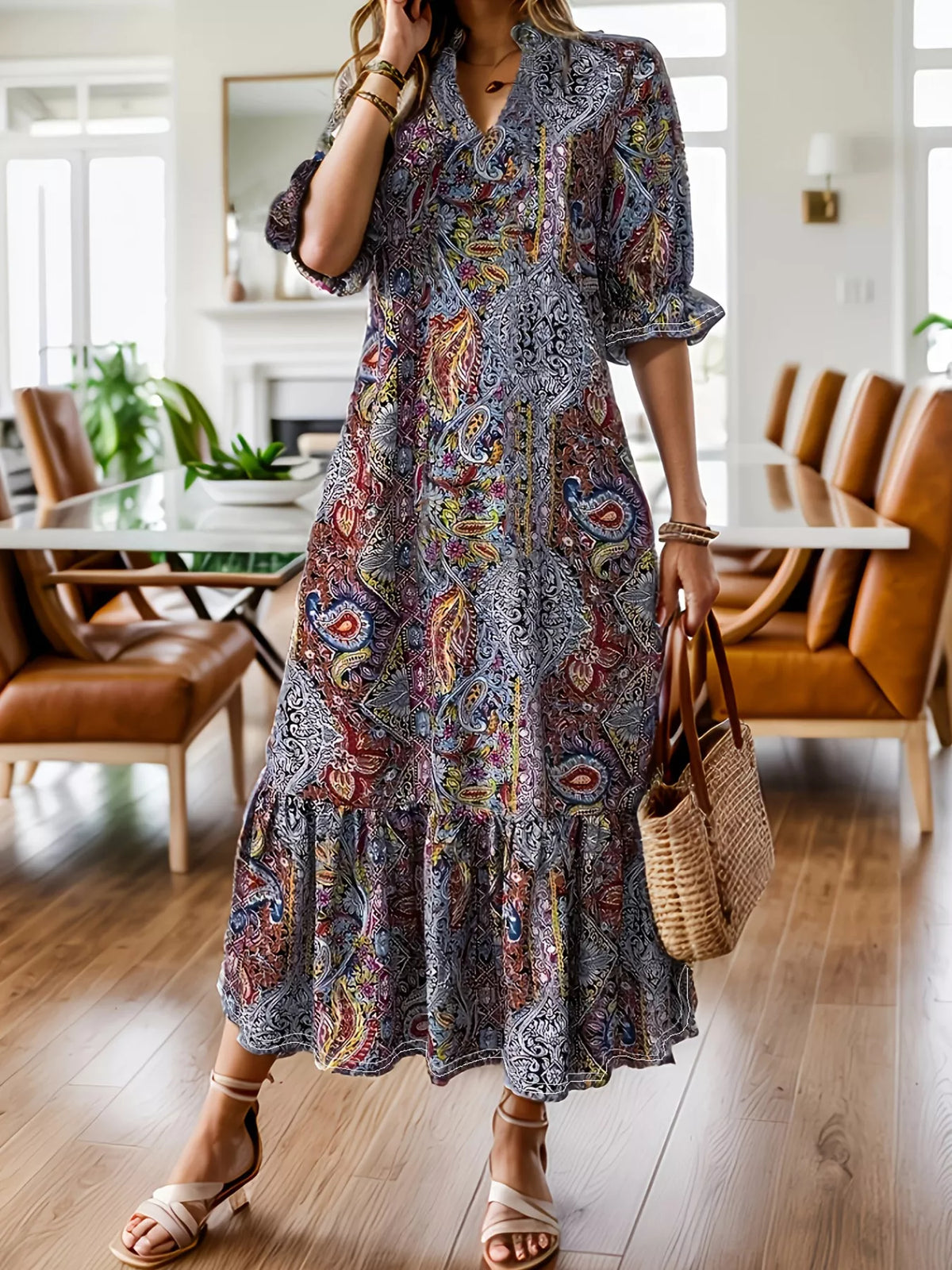 Full Size Bohemian Paisley Print Ruffle Hem Midi Dress Plus (4)