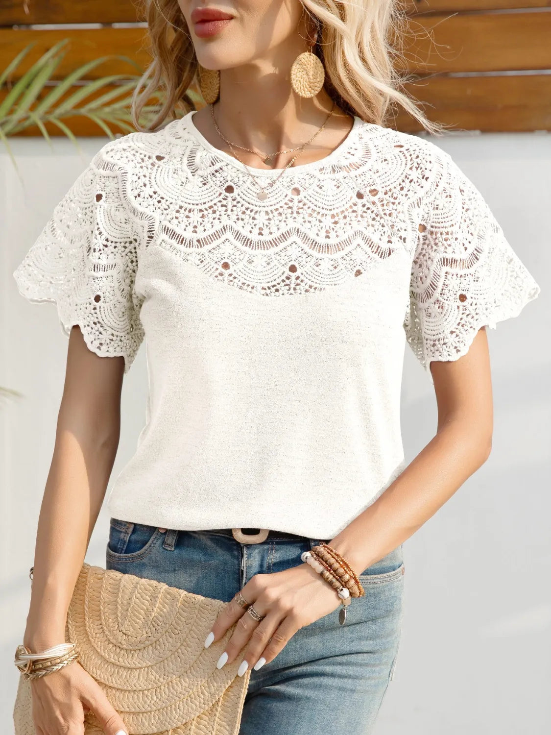 Round Neck Short Sleeve Crochet Top (8)