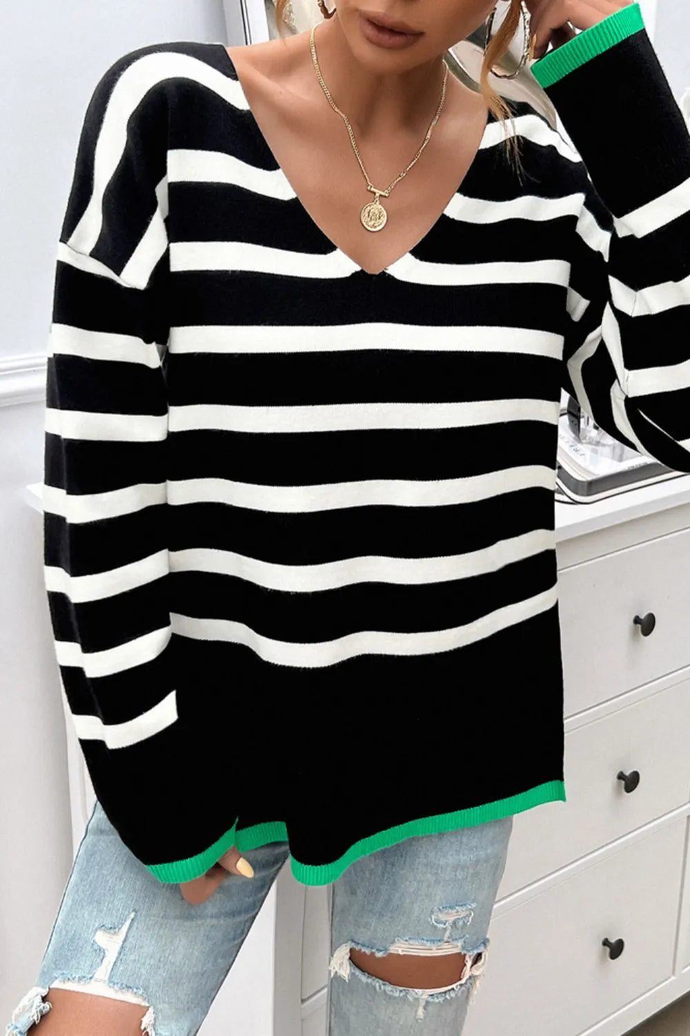 Striped V-neck Long Sleeve Knit Top (18)