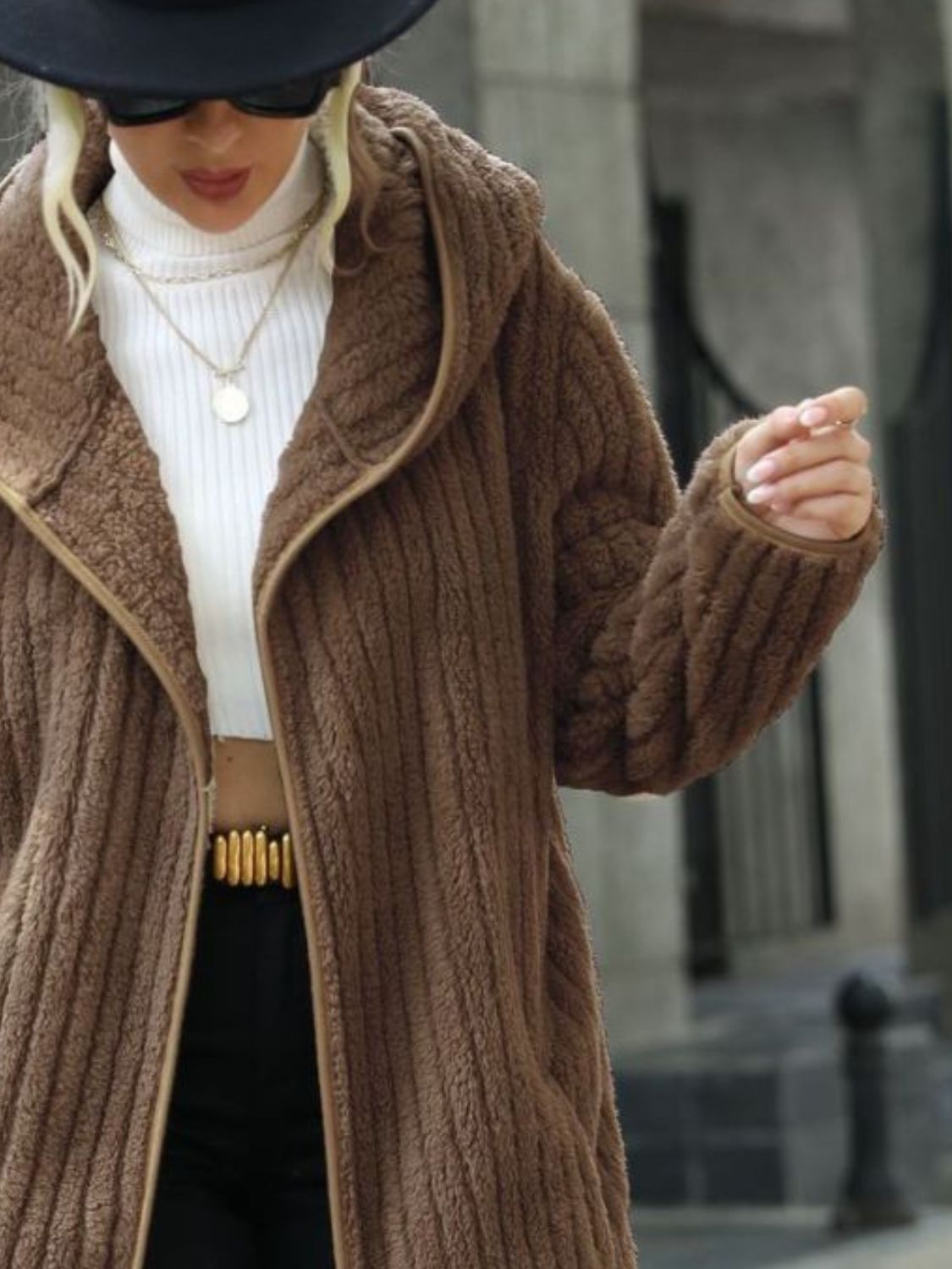 Open Front Ribbed Hooded Coat (11)