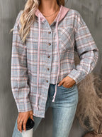 Plaid Button-up Hooded Shirt Chest Pocket (26)