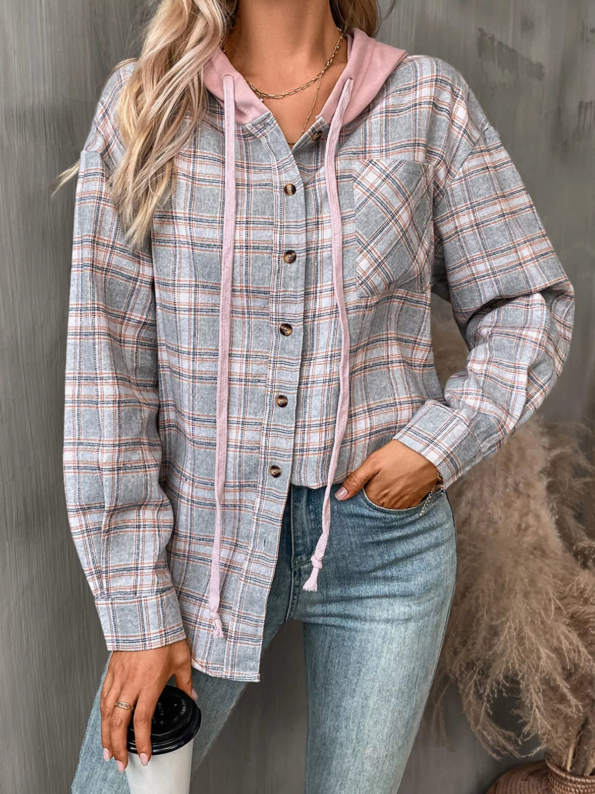 Plaid Button-up Hooded Shirt Chest Pocket (26)