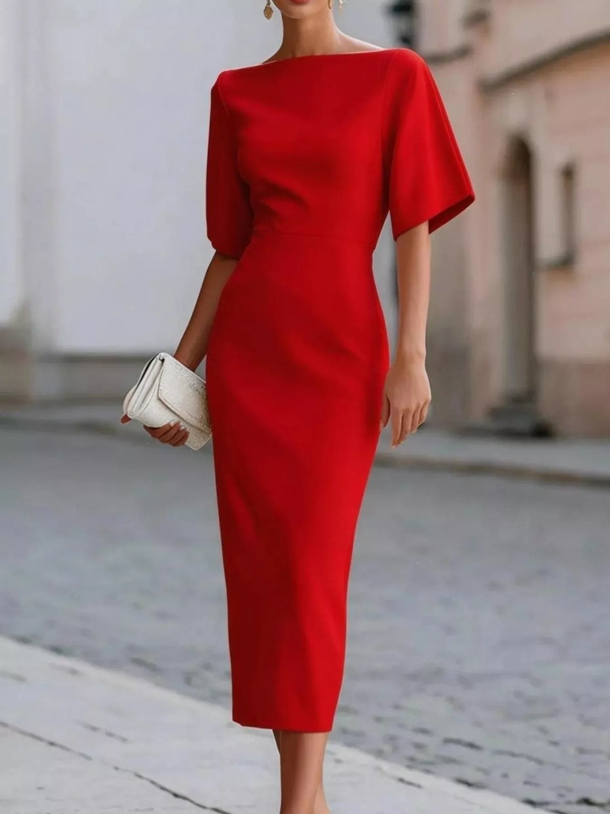 Half Sleeve Boat Neck Midi Dress (8)