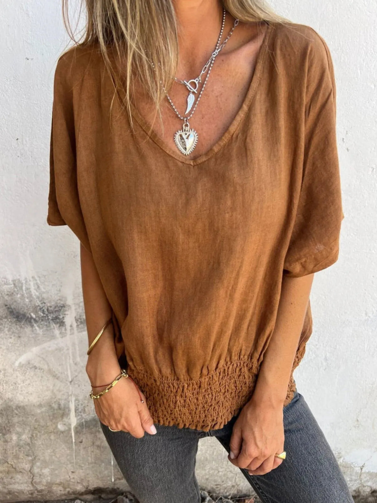 Full Size Smocked Hem V-neck Relaxed Fit T-shirt Plus (10)