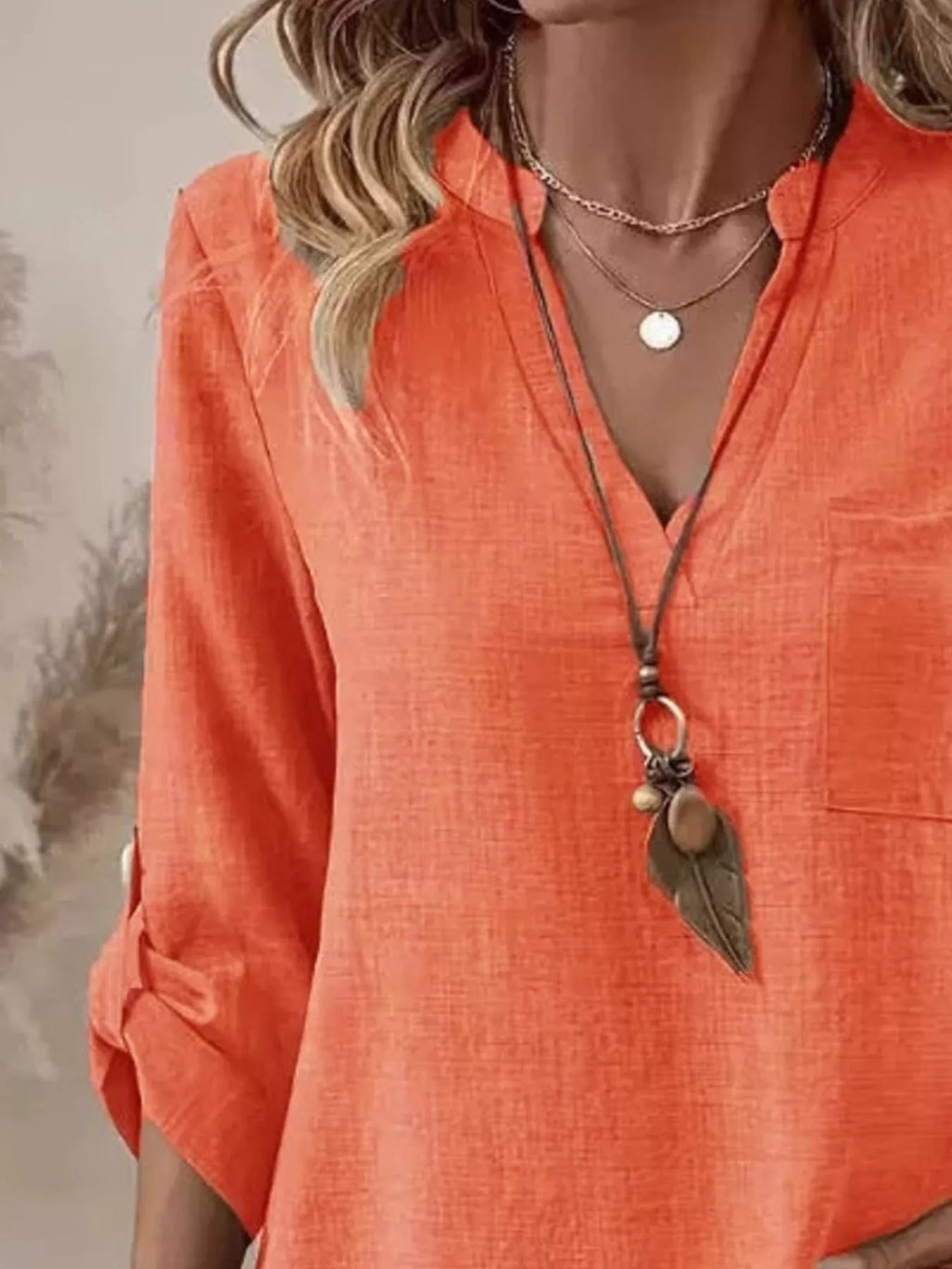 Casual V-neck Roll-sleeve T-shirt Pocket (14)
