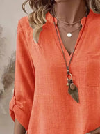 Casual V-neck Roll-sleeve T-shirt Pocket (14)