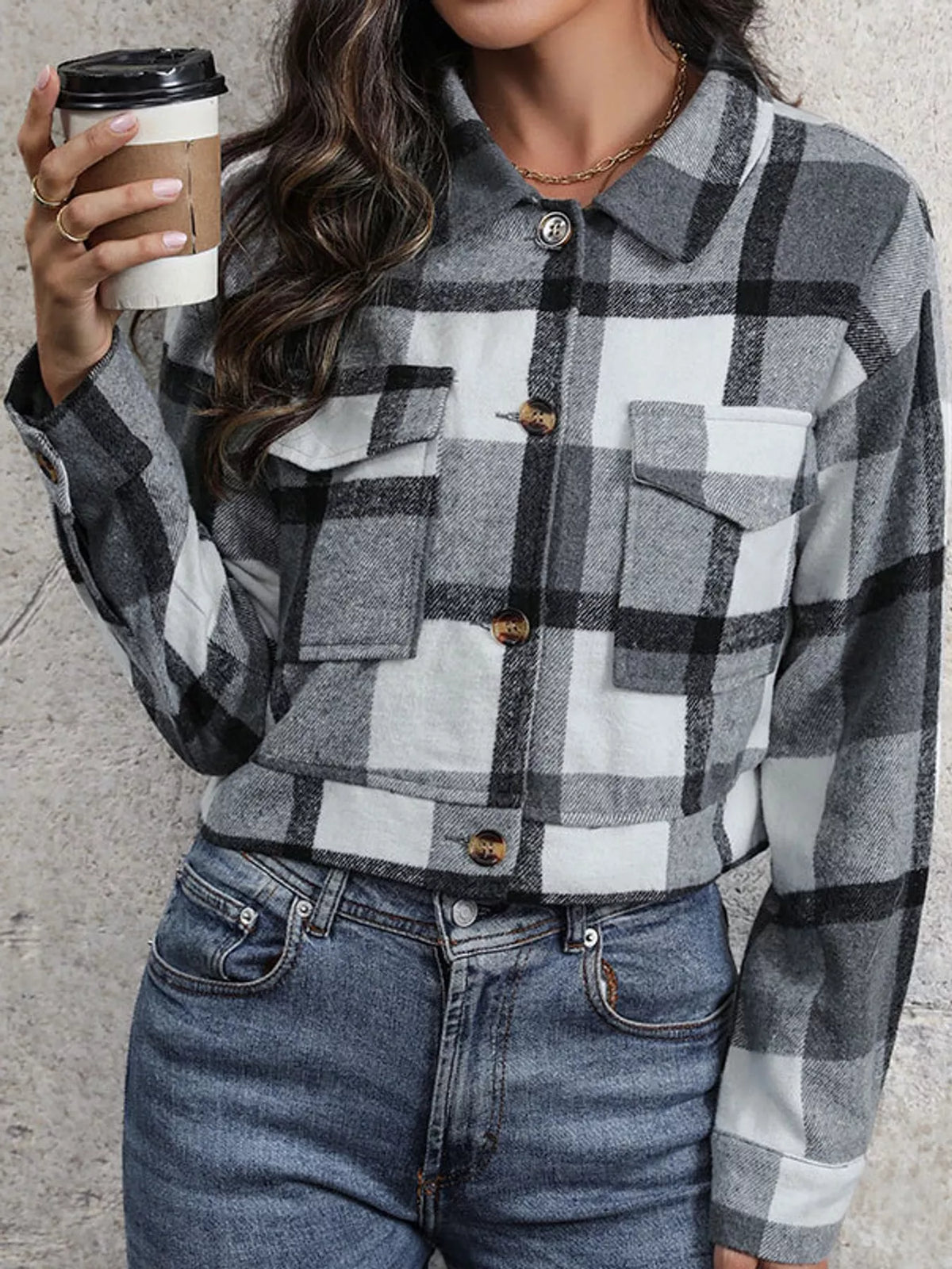 Plaid Button-up Cropped Jacket (33)