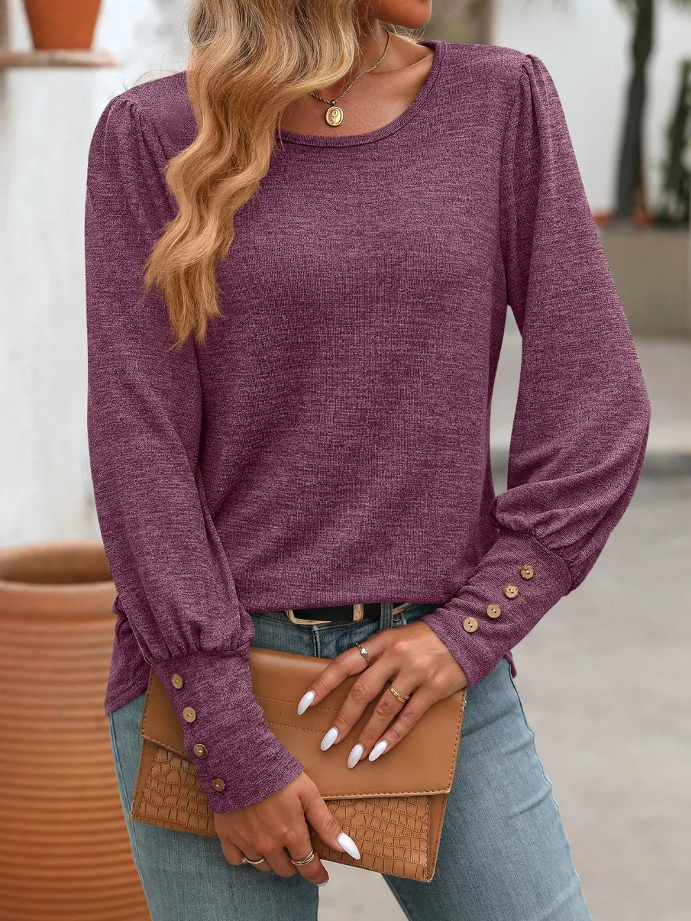 Decorative Button Round Neck Long Sleeve T-shirt (25)