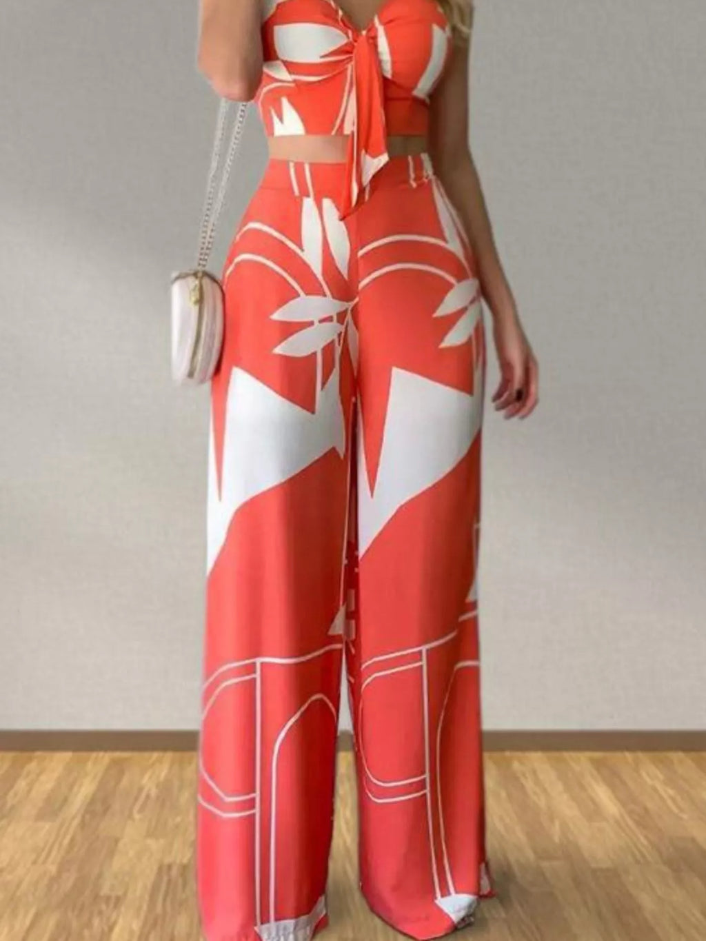 Tropical Print Spaghetti Strap Crop Top Wide Leg Pants Set (9)