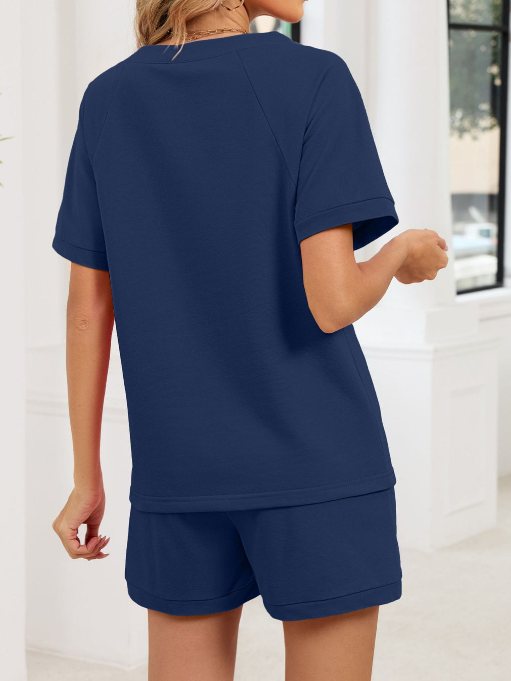 Notched Short Sleeve Top Shorts Set (30)
