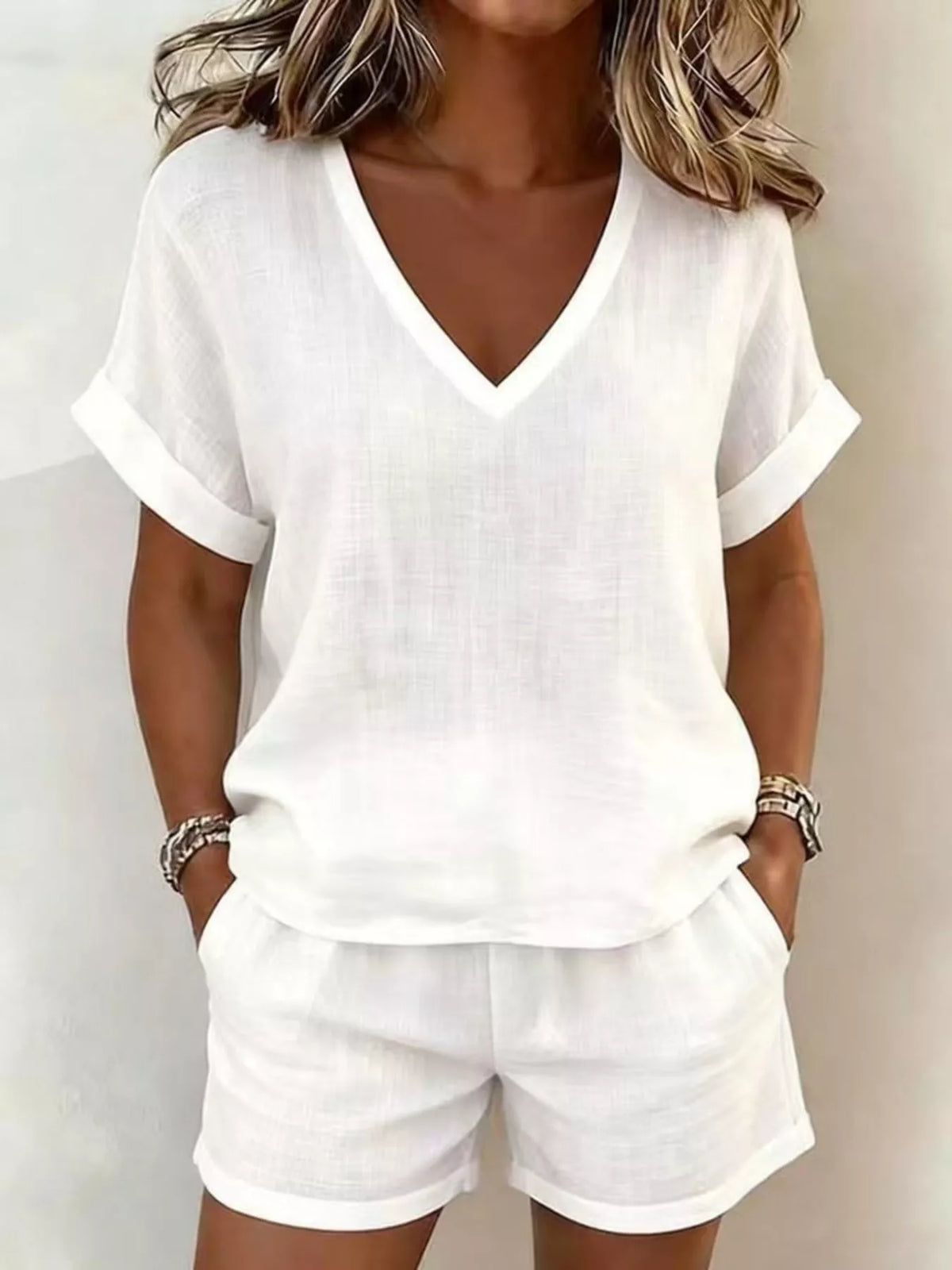 V-neck Linen Blend Short Sleeve Top Shorts Set (3)