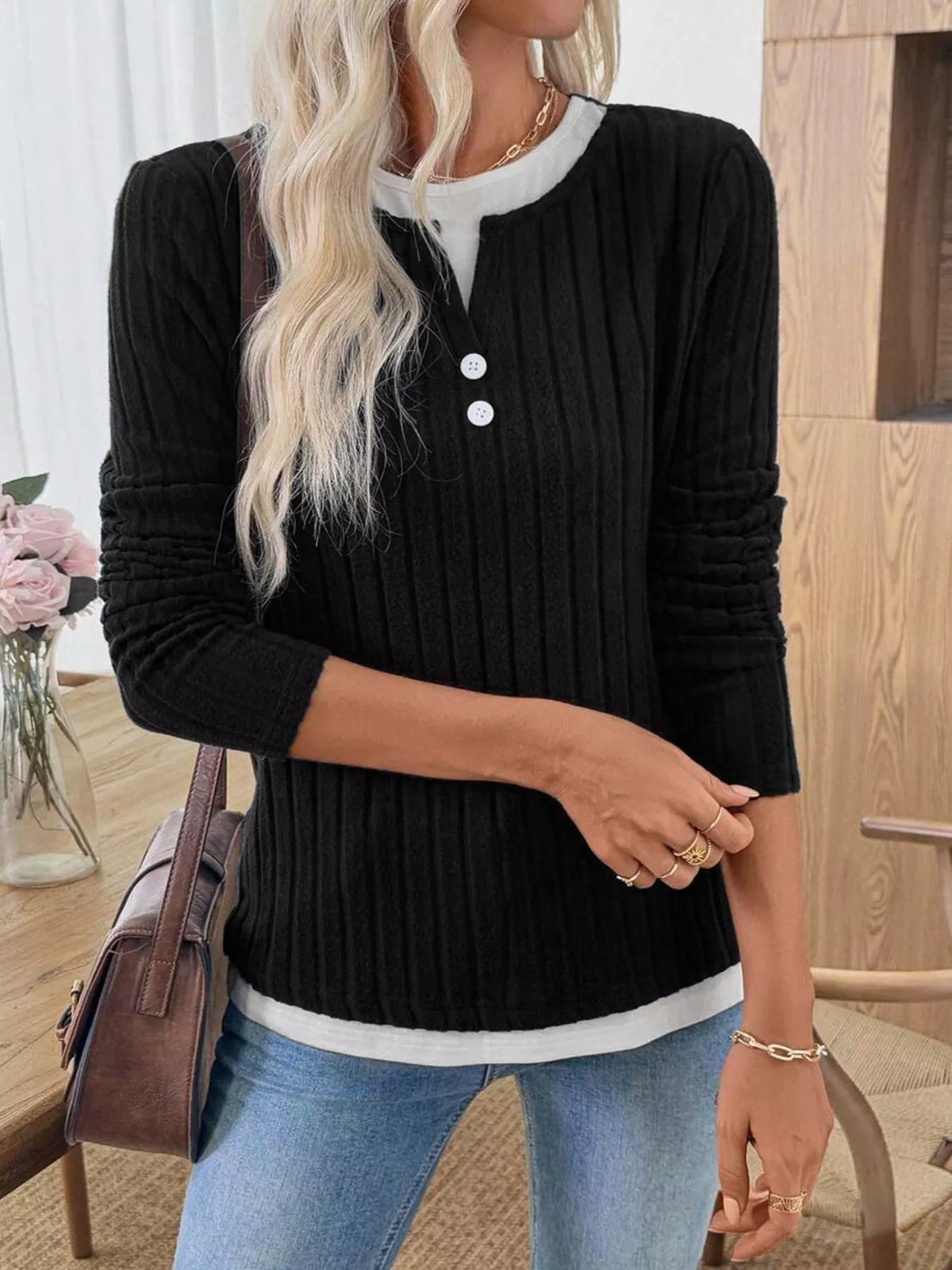 Ribbed Knit Button Detail Contrast Sweater (20)