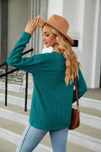 Decorative Button V-neck Long Sleeve T-shirt (15)