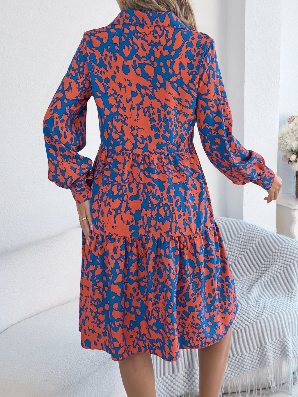 Printed Collared Neck Long Sleeve Dress (8)