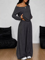 Full Size One-shoulder Top Drawstring Pants Set Plus
