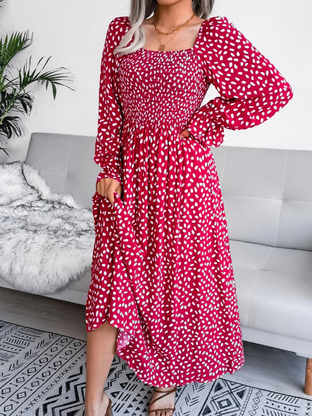 Smocked Square Neck Flounce Sleeve Dress (9)