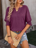 Heathered Notched Lantern Sleeve Blouse (19)