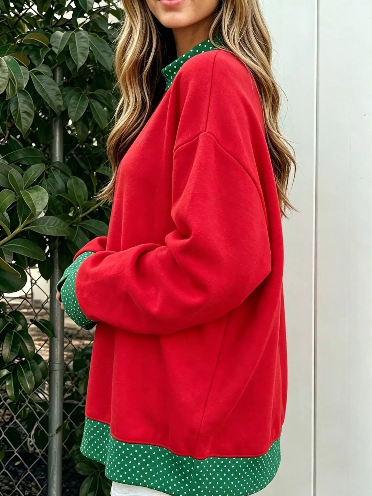 Polka Dot Contrast Trim Dropped Shoulder Sweatshirt (3)